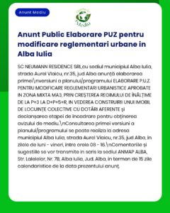 Notificare privind elaborarea unui Plan urbanistic general (PUZ) pentru majorarea limitei de înălțime și construirea unui imobil de locuințe colective în Alba Iulia, România.
