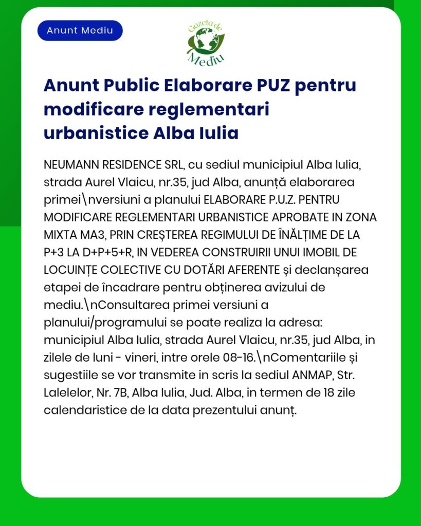 Elaborarea Planului de urbanism general (PUZ) pentru zona mixtă de pe strada Sardar Aurel Vlaicu, Alba Iulia.