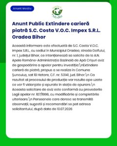 Anunț privind extinderea unei cariere de piatră de către S.C. Cast V.O.C. Impex S.R.L. în Oradea, județul Bihor.