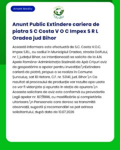 S.C. Costa V.O.C. Impex S.R.L. solicită aprobarea extinderii activității de extracție a nisipului și pietrișului în Oradea, județul Bihor, prezentând detalii privind impactul asupra mediului.