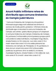 Anunț privind proiectul rețelei de distribuție publică din județul Mureș, prezentat de Primăria Grebenișu de Câmpie.