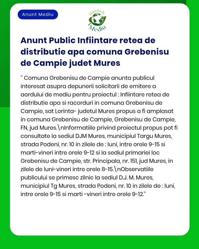 Anunț privind proiectul rețelei de distribuție publică din județul Mureș, prezentat de Primăria Grebenișu de Câmpie.
