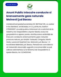 Înlocuirea conductelor de gaze naturale în Moinești, județul Bacău, pe mai multe străzi.