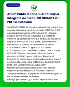 Anunț privind autorizația integrată pentru activitățile fermei avicole a SC OGRADA CU PUI SRL din Botoșani, cu detalii despre capacitatea operațională și amplasamentul din Cătămărești-Deal.