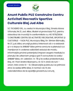 Anunț privind construirea unui centru sportiv și de agrement în Blaj, județul Alba.