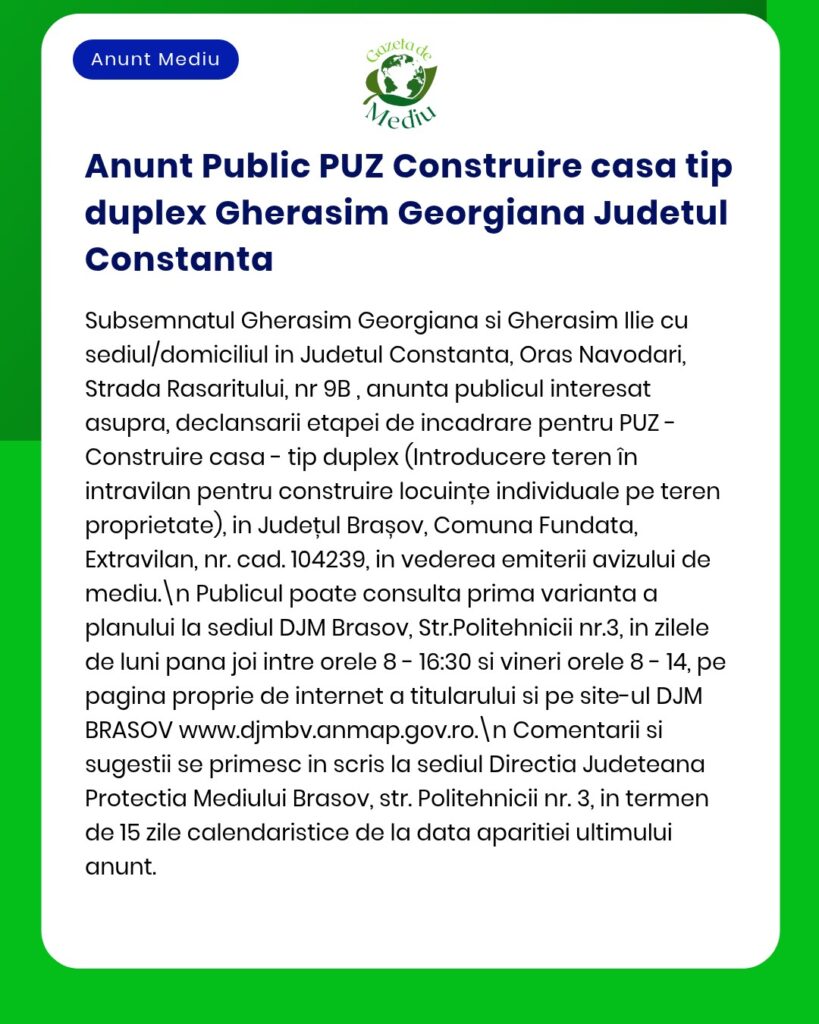 Anunț privind cererea de construire a unei case duplex în județul Constanța, cu detalii despre proiect și numele solicitanților.
