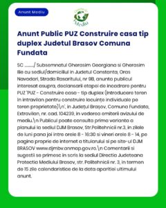 Anunț privind construirea unei case de tip duplex propusă în Fundata, Brașov, cu detalii despre proiect și informații referitoare la autorizația de construire.