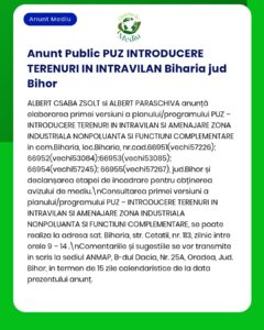 Anunț privind includerea unor terenuri în zona urbană din Biharia, județul Bihor, însoțit de lista cu numerele parcelelor.