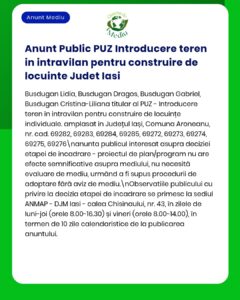 Anunț privind includerea unor terenuri în Planul de urbanism general (PUZ) în vederea dezvoltării imobiliare în județul Iași, cu enumerarea parcelelor vizate.