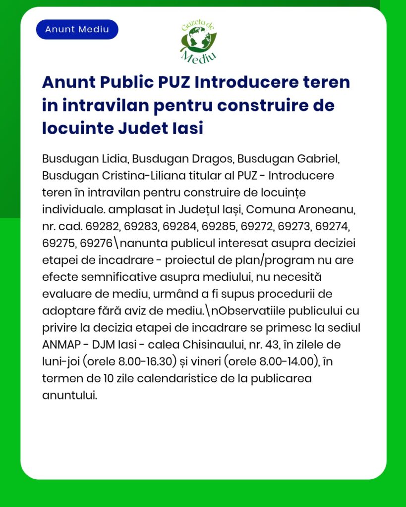 Anunț privind includerea unor terenuri în Planul de urbanism general (PUZ) în vederea dezvoltării imobiliare în județul Iași, cu enumerarea parcelelor vizate.