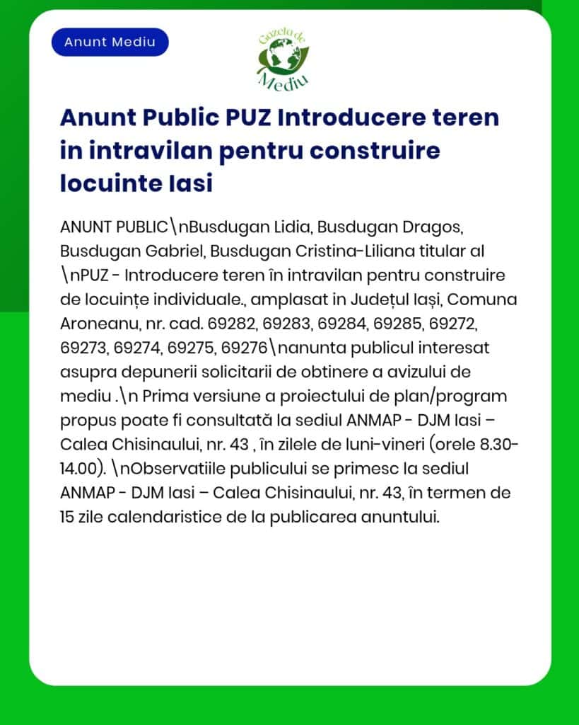 Anunț privind Planul de urbanism general (PUZ) pentru includerea unui teren în zona urbană în scopul construirii de locuințe în Iași, împreună cu lista solicitanților.