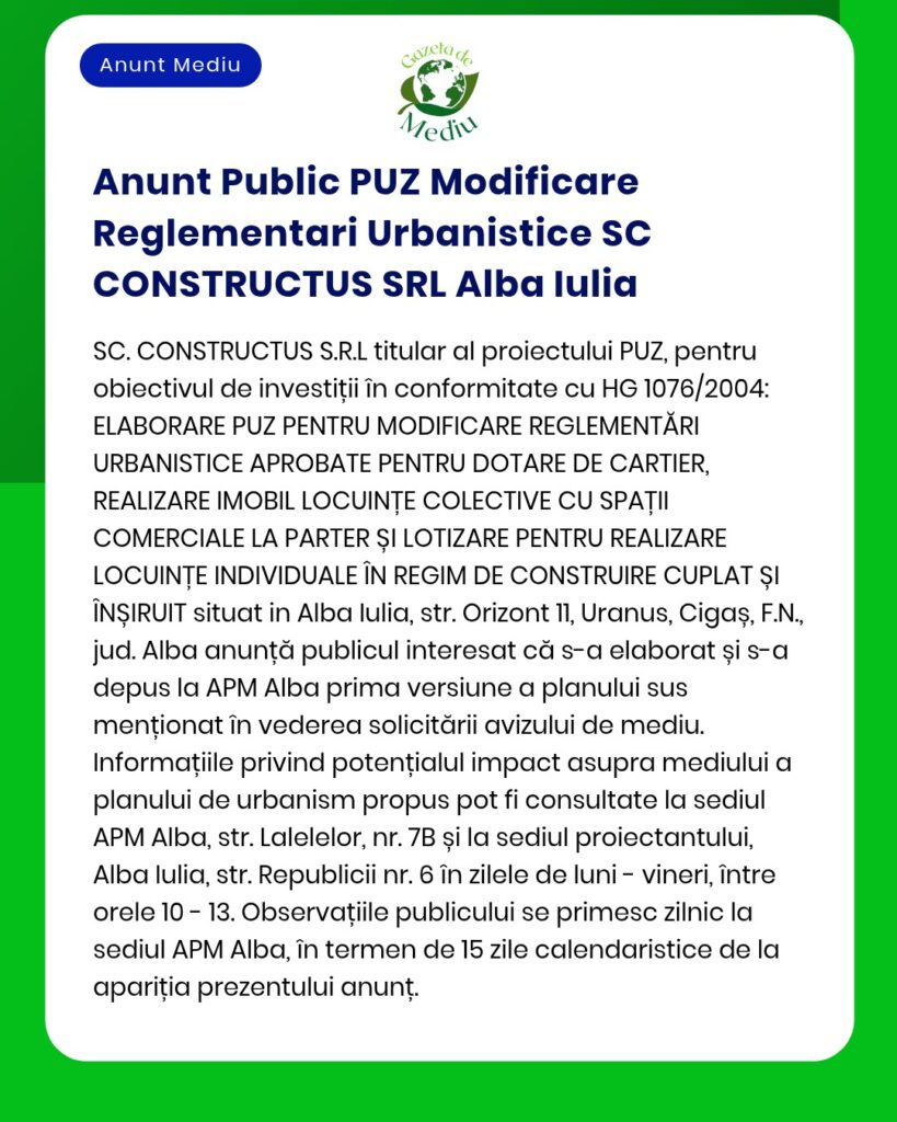 Modificări ale reglementărilor urbanistice privind proiectele rezidențiale și comerciale ale SC CONSTRUCTUS SRL din Alba Iulia.