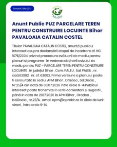 Anunț privind planificarea urbană pentru loturi rezidențiale în Paleu, județul Bihor.