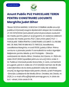 Anunț privind evaluarea de mediu pentru proiectul de parcelare a terenurilor în scop rezidențial din Marghita, județul Bihor, emis de APM.