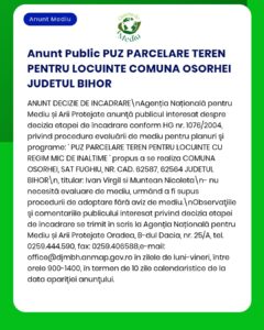 Anunț privind decizia de parcelare a Planului de urbanism general (PUZ) pentru un teren din Osorhei, județul Bihor, cu detalii procedurale.