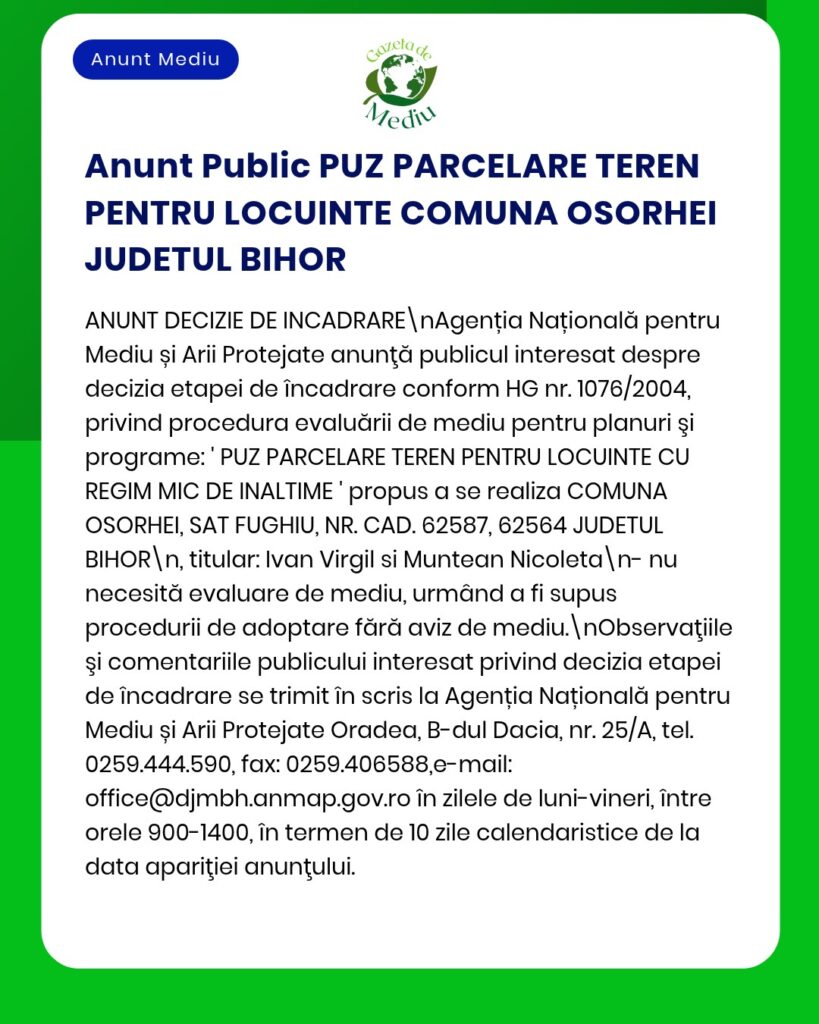 Anunț privind decizia de parcelare a Planului de urbanism general (PUZ) pentru un teren din Osorhei, județul Bihor, cu detalii procedurale.