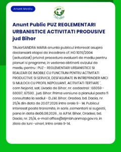 Anunț privind evaluarea reglementărilor urbanistice pentru activitățile economice productive din județul Bihor, România.