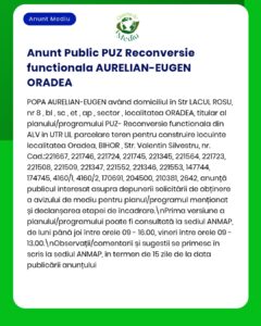 Anunț privind reconversia funcțională a locuinței AURELIAN-EUGEN ORADEA, cu detalii despre adrese, numere cadastrale și proceduri pentru proprietari.