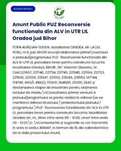 Primul anunț privind versiunea Planului de urbanism general (PUZ) de reconversie în ALV, UTR LIL, Oradea, județul Bihor; include dezvoltatorul și locația.