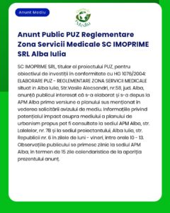 Proiect de planificare de mediu pentru o zonă destinată serviciilor medicale din Alba Iulia, România, cu detalii privind propunerea și amplasamentul.