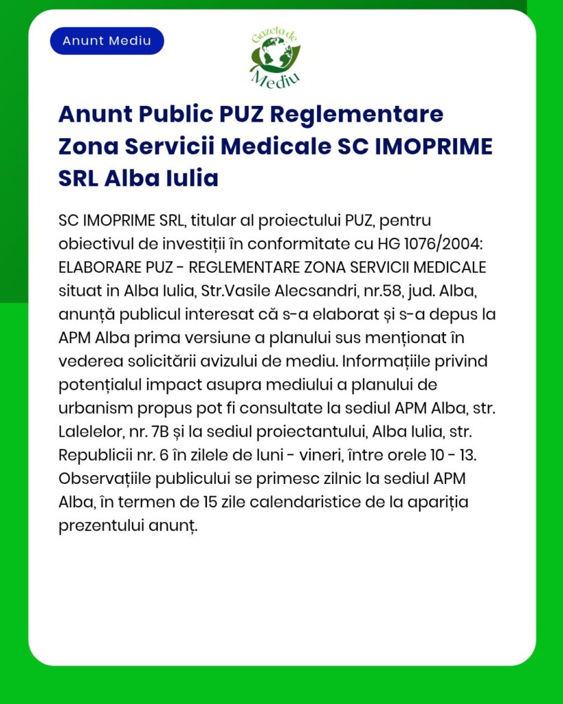 Anunț privind reglementarea Planului de urbanism general (PUZ) pentru zona destinată serviciilor medicale din Alba Iulia, proiect detaliat realizat de SC IMOPRIME SRL.