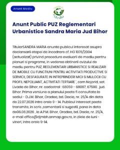Anunț privind reglementările de urbanism din județul Bihor, România.