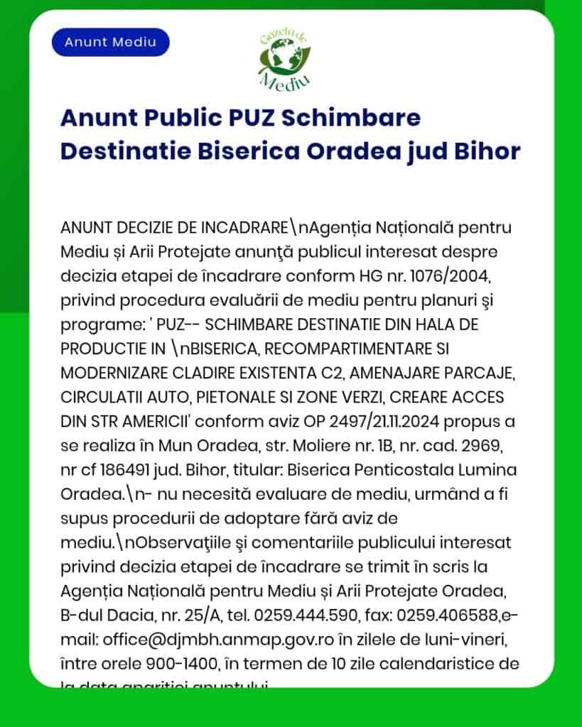 Schimbarea destinației unei clădiri în Oradea, județul Bihor, cu detalii privind decizia și amplasamentul.