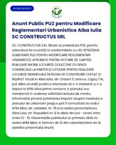 Modificare urbanistică în Alba Iulia realizată de SC CONSTRUCTUS SRL, cu detalii privind obiectivele proiectului, zonarea și planurile de dezvoltare rezidențială și comercială.