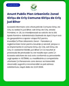 Anunț privind un proiect de urbanism în Girișu de Criș, județul Bihor, inclusiv procedurile și reglementările aferente.