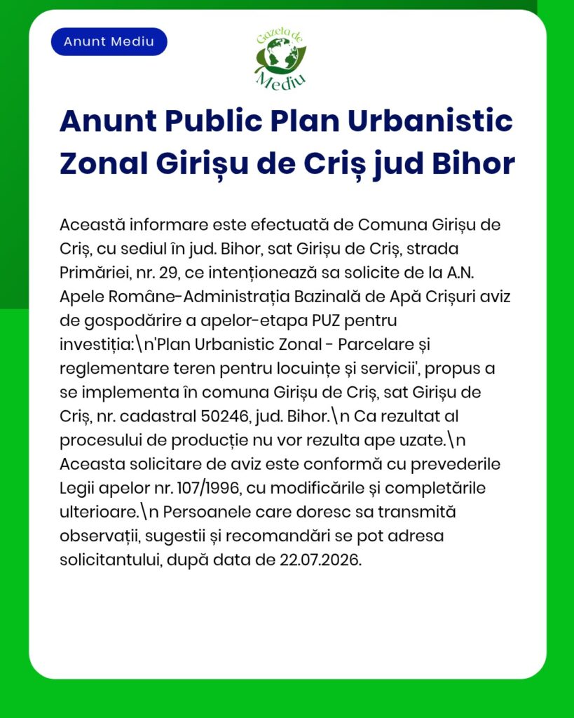 Anunț privind un plan urbanistic propus în Girișu de Criș, județul Bihor, care include detalii despre gestionarea apei și aspecte de reglementare.