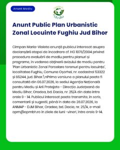 Anunț privind planul urbanistic pentru loturi rezidențiale din Fughiu, județul Bihor, România.