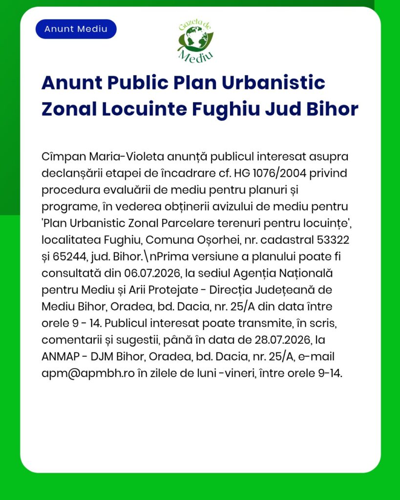 Anunț privind planul urbanistic pentru loturi rezidențiale din Fughiu, județul Bihor, România.