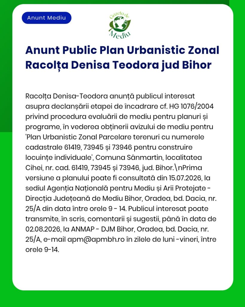 Anunț privind planul urbanistic zonal din Chihei, județul Bihor, cu detalii despre numerele cadastrale.