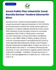 Anunț privind proiectul de urbanism din Sânmartin, județul Bihor, cu menționarea numerelor cadastrale.