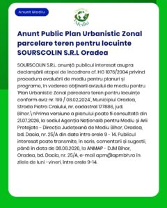 Anunț privind ședința de urbanism pentru locuințe din Oradea, cu detalii despre proiect și referințe legale.