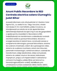 Anunț informativ privind racordarea unei centrale fotovoltaice la rețeaua electrică în Viișoara, județul Bihor.