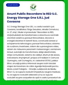 Informare privind conectarea panourilor solare și a sistemelor fotovoltaice la rețeaua de distribuție a energiei electrice de către S.C. Energy Storage One S.R.L. din Covasna.