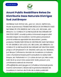Anunț privind reabilitarea rețelei de distribuție a gazelor naturale din Satu Lunga, Beclean, județul Brașov, cu detalii despre proiect.