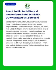 Anunț privind reabilitarea și modernizarea unui hotel din Botoșani, în care se precizează că proiectul nu necesită o evaluare a impactului asupra mediului, conform deciziei APM.