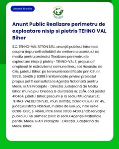 Anunț privind solicitarea avizului de mediu pentru extracția de pietriș și nisip în Ineu, județul Bihor, de către o firmă producătoare de beton.