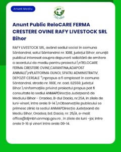 RAFY LIVESTOCK SRL anunță depunerea cererii de autorizare privind extinderea fermei de ovine și a instalațiilor conexe din Sântandrei, județul Bihor.