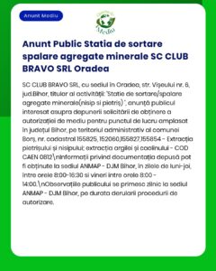 Informații privind cererea depusă de SC CLUB BRAVO SRL pentru autorizarea unei stații de sortare și spălare a agregatelor minerale în Oradea, județul Bihor, cu detalii privind funcționarea acesteia.