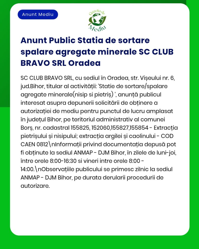Informații privind cererea depusă de SC CLUB BRAVO SRL pentru autorizarea unei stații de sortare și spălare a agregatelor minerale în Oradea, județul Bihor, cu detalii privind funcționarea acesteia.