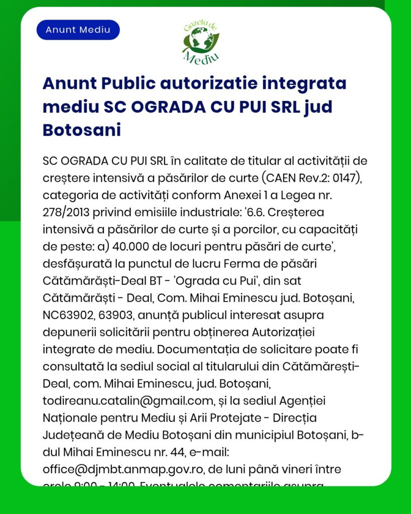 Anunț privind acordarea autorizației de mediu pentru SC OGRADA CU PUI SRL, fermă avicolă intensivă din Botoșani, cu codurile de activitate.
