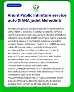 Anunț privind înființarea publică a serviciului auto DIANA în Mehedinți, România, cu detalii procedurale furnizate de APM.