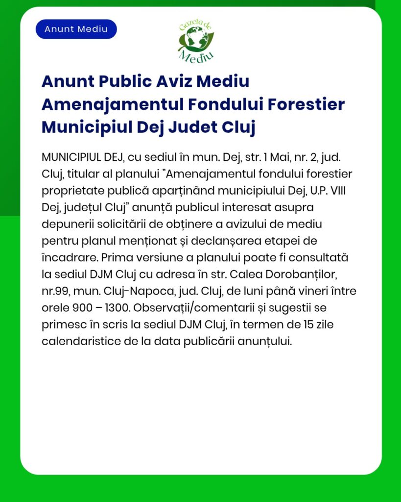 Anunt Public Aviz Mediu Amenajamentul Fondului Forestier Municipiul De