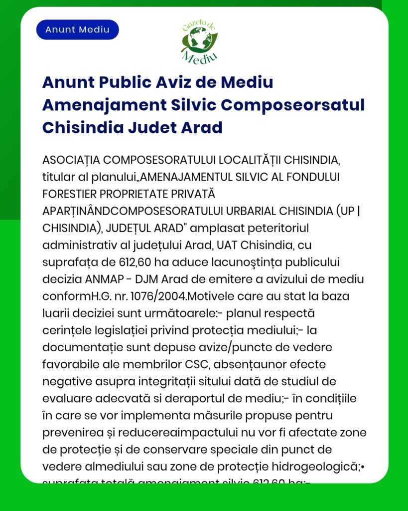 Anunt Public Aviz de Mediu Amenajament Silvic Composeorsatul Chisindia