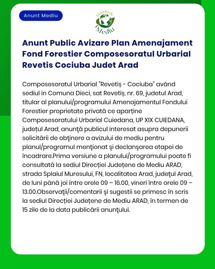 Anunt Public Avizare Plan Amenajament Fond Forestier Composesoratul Ur