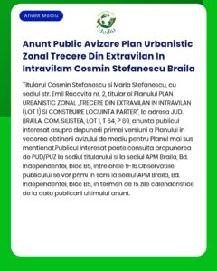 Anunt Public Avizare Plan Urbanistic Zonal Trecere Din Extravilan In I