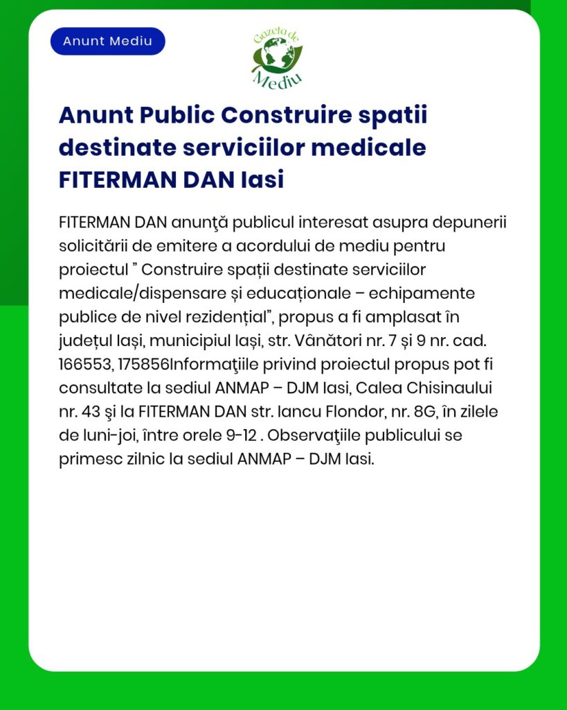 Anunt Public Construire spatii destinate serviciilor medicale FITERMAN